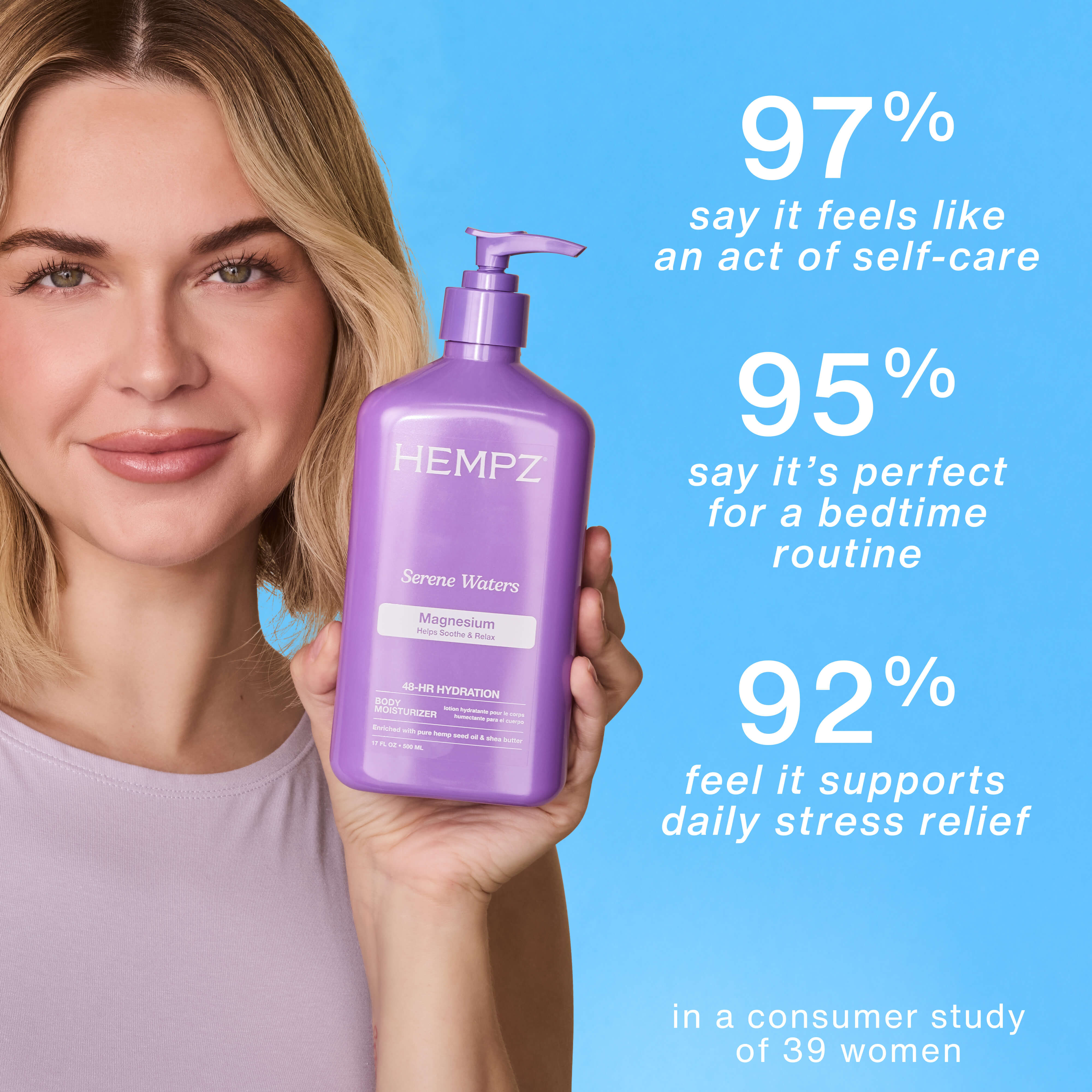 Woman holding a Hempz Serene Waters with Magnesium bottle with product benefits displayed on a blue background