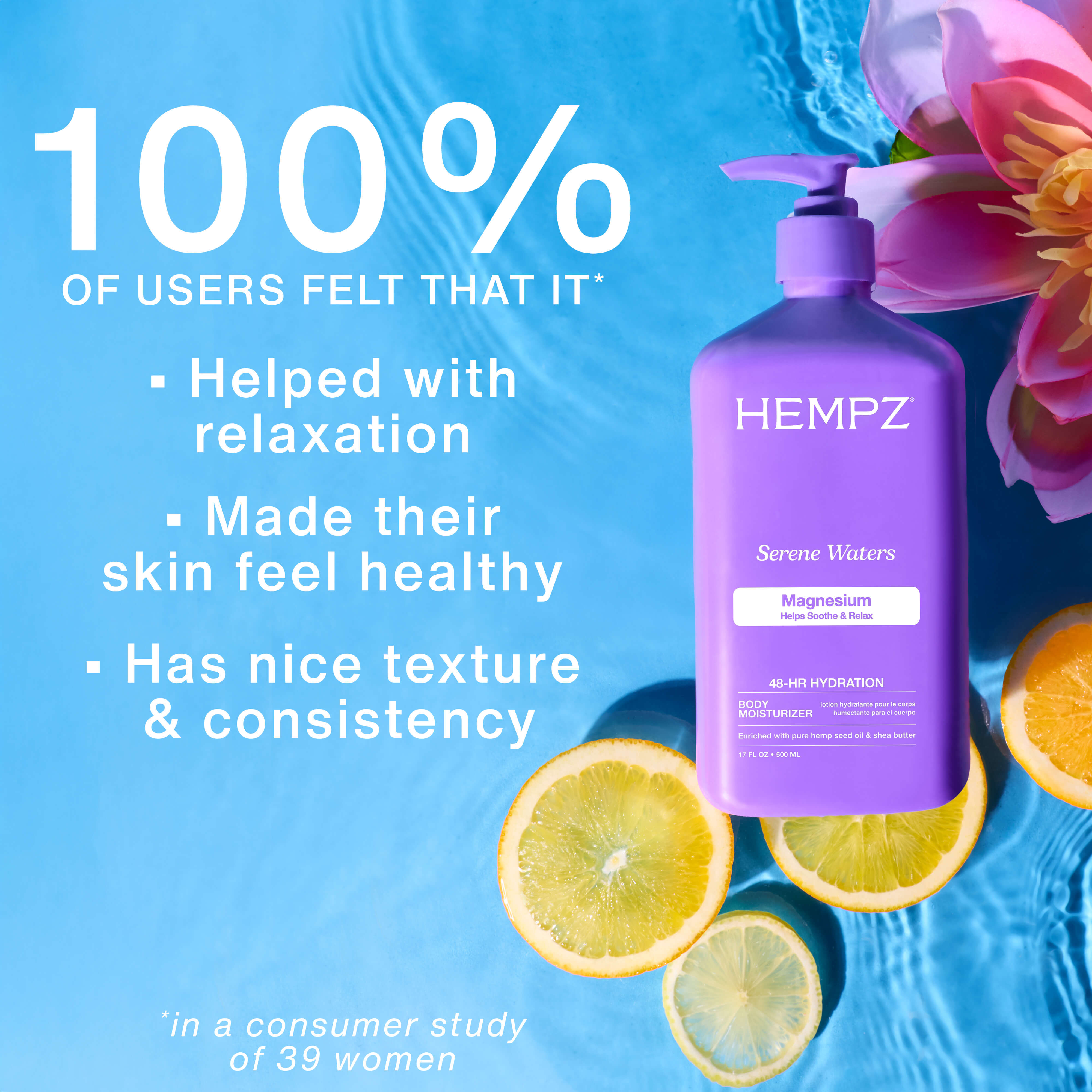 Hempz Serene Waters with Magnesium bottle with lemons and flowers on a blue background